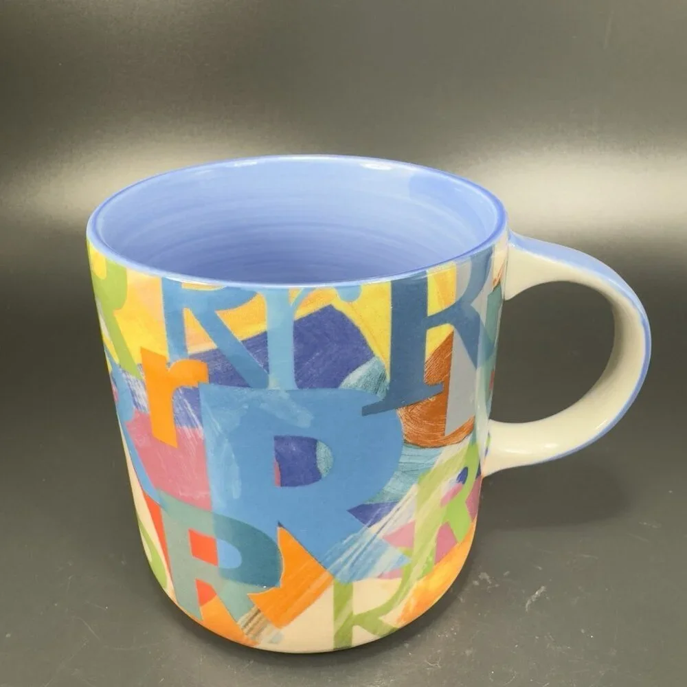 Anthropologie Monogram R Multiple Rs Colorful Ceramic Mug Cup Blue Inside‎ Mug